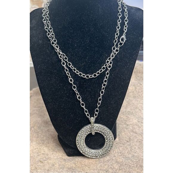Stunning adjustable long  VINTAGE 90s statement Style Necklace Donut Silver tone - Picture 1 of 8
